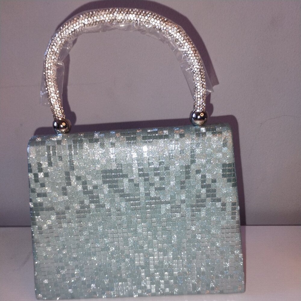 Pale Blue Glitter Crossbody Evening Bag w Rhinestone Handle